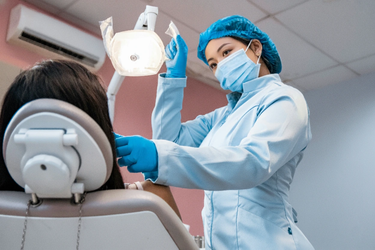 Dentist standing above a dental chair looking at a patient